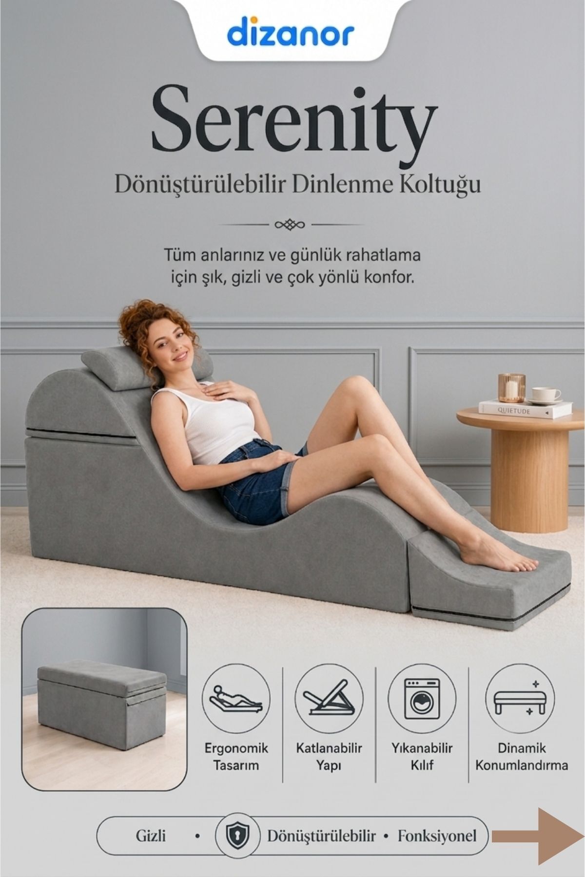Dizanor Serenity Çok Amaçlı Dinlenme Koltuğu Katlanabilir Bench Formlu Şezlong Yetişkin Çiftler İçin Ergonomik Destek Minderi