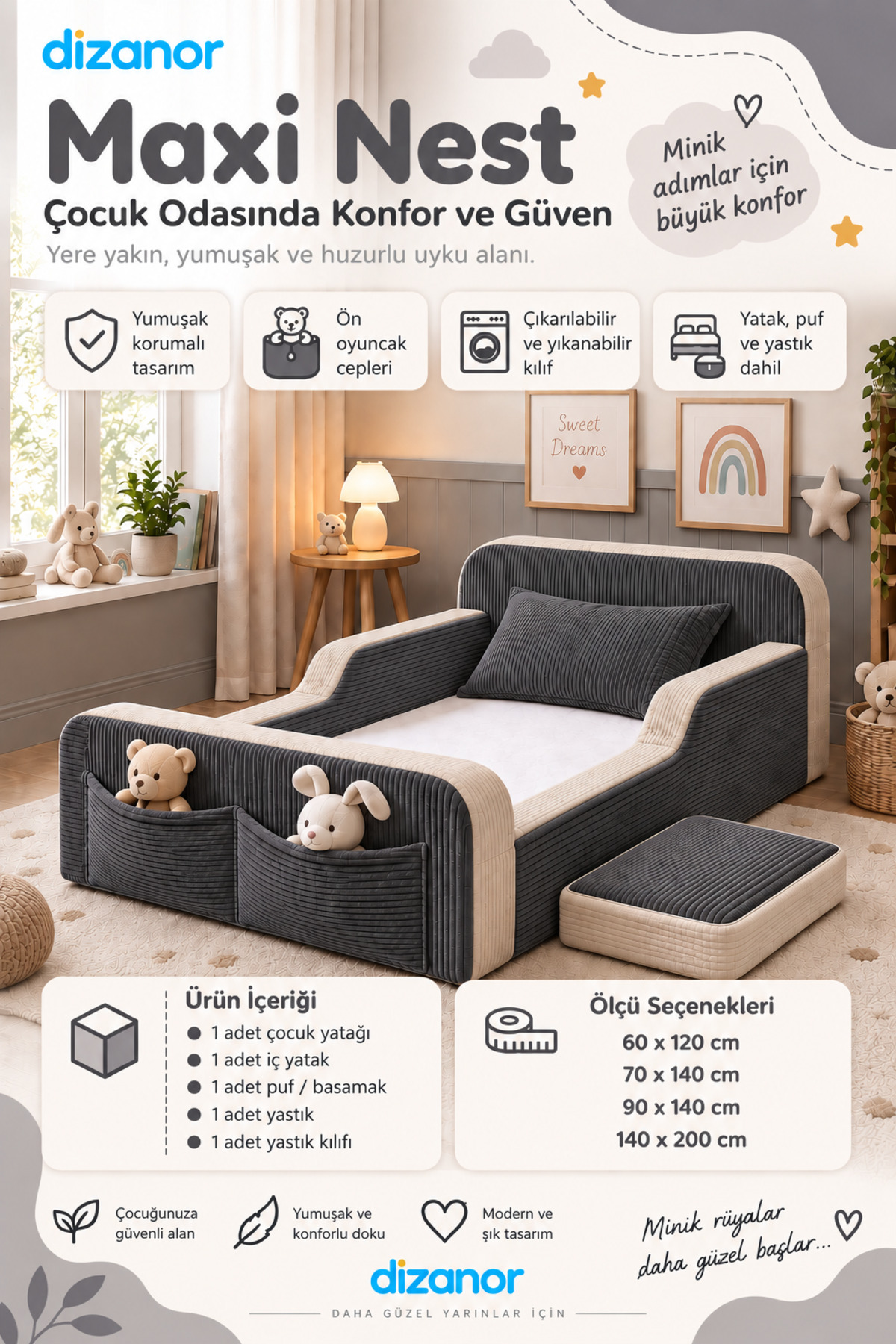 Dizanor Yeni Nesil Maxi Nest %100 Sünger ve Yıkanabilir Fermuarlı Kumaşa Sahip Bebek, Çocuk ve Genç Montessori Karyola Baza ve Başlık Yatağı Seti