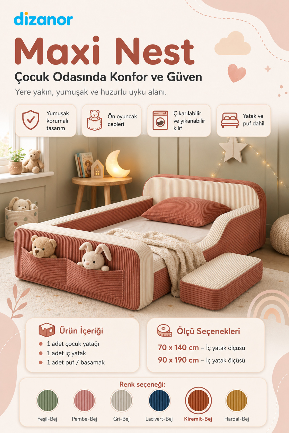 Dizanor Maxi Nest Tek Kısa Yan Kenarlı Montessori Yatak Seti