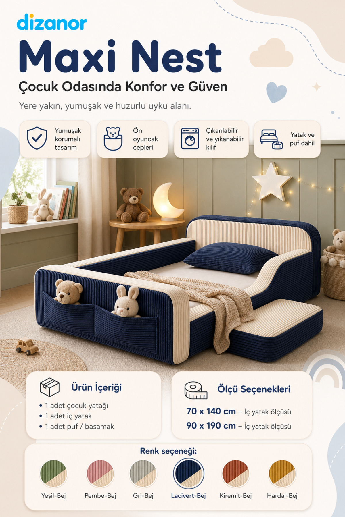 Dizanor Maxi Nest Tek Kısa Yan Kenarlı Montessori Yatak Seti